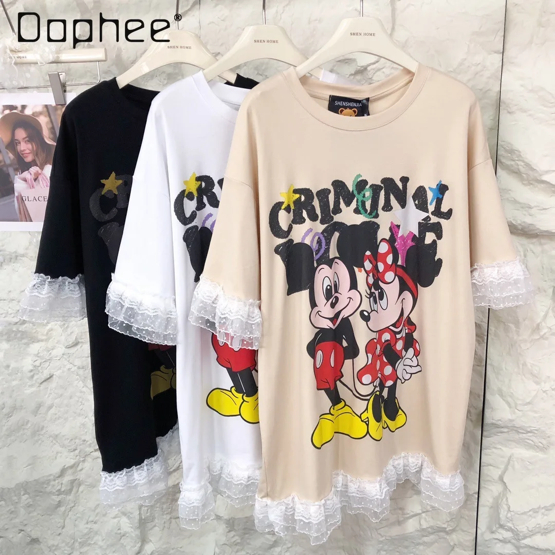 

2025 New Loose Casual Cartoon Print Lace Splicing Short-sleeved T-shirt Summer Trendy Tee Vintage Clothes Kawaii Women T Shirt