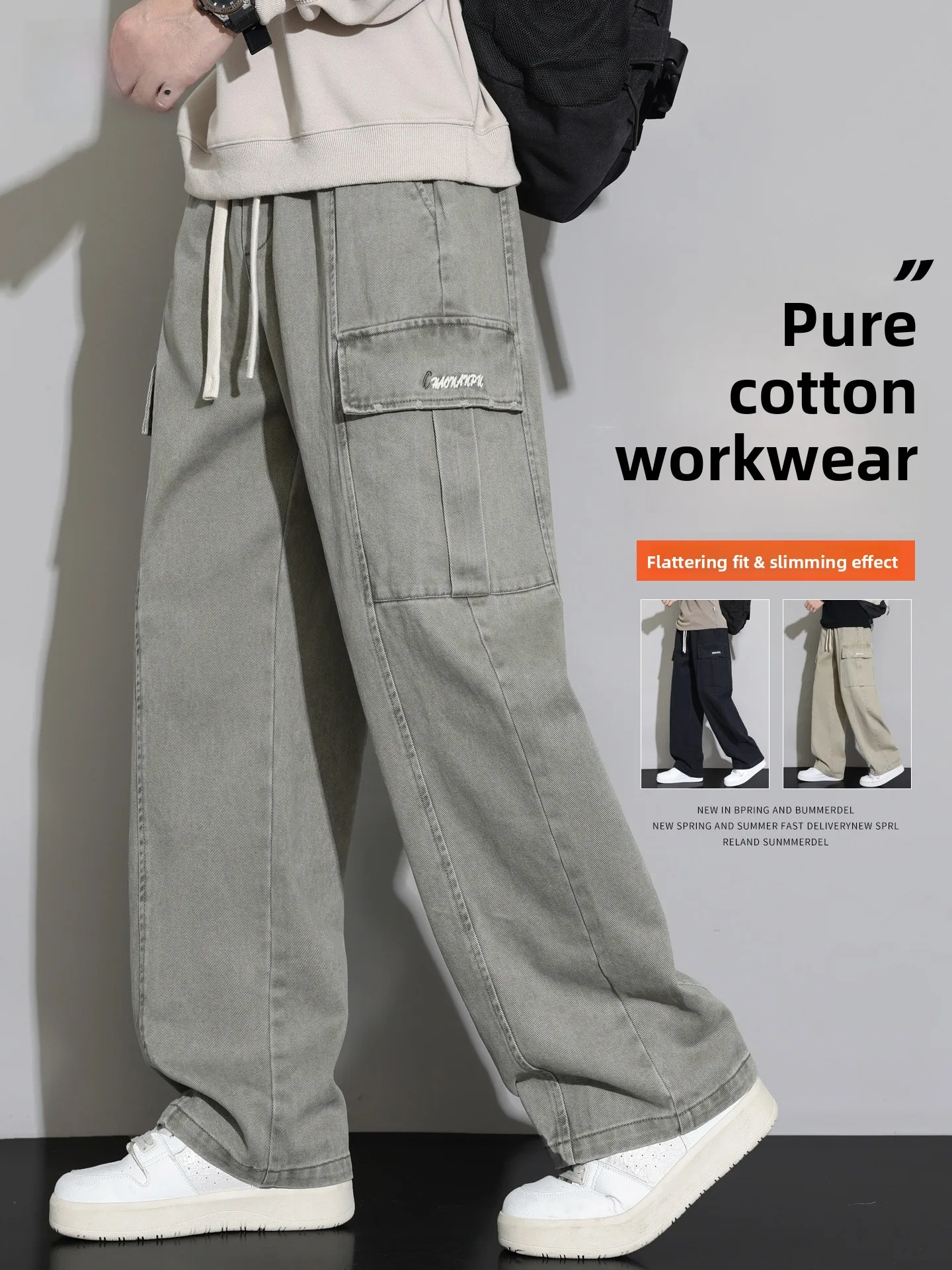 

Waed Pure Cotton Work Trousers Men's Spring Autumn Loose Straight Leg Multi kets Military een Wide Leg Casual Pants