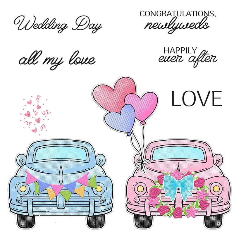 

Cute Cars Heart Balloons Cutting Dies Clear Stamp DIY Scrapbooking Metal Dies Silicone Stamp For Cards Albums Decor