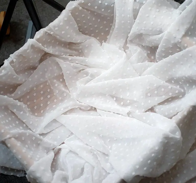 W1.5m*100cm 3D Soft Beige Polka Dot Jacquard Chiffon Tulle Fabric For Tshirt Dress Home Textile Decoration Fabric SC142