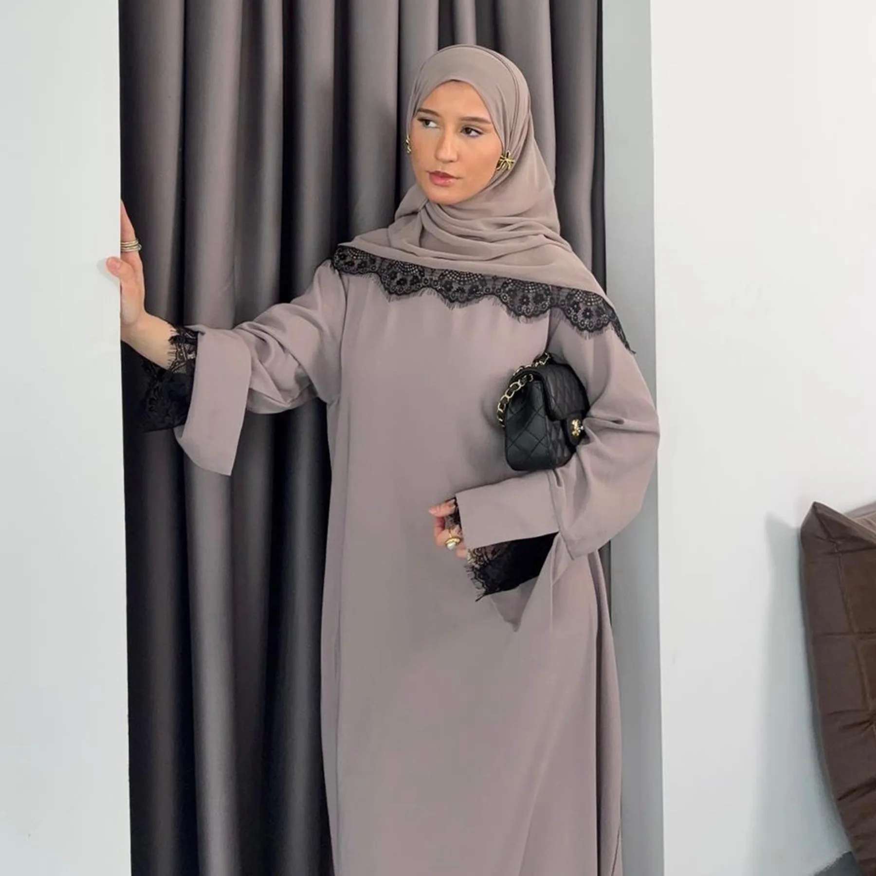 

2026 New Abaya Dubai Style Lace Abaya 2 Pieces Set Islamic Clothing Nida Modest Abaya Women Muslim Dress with Matching Hijab