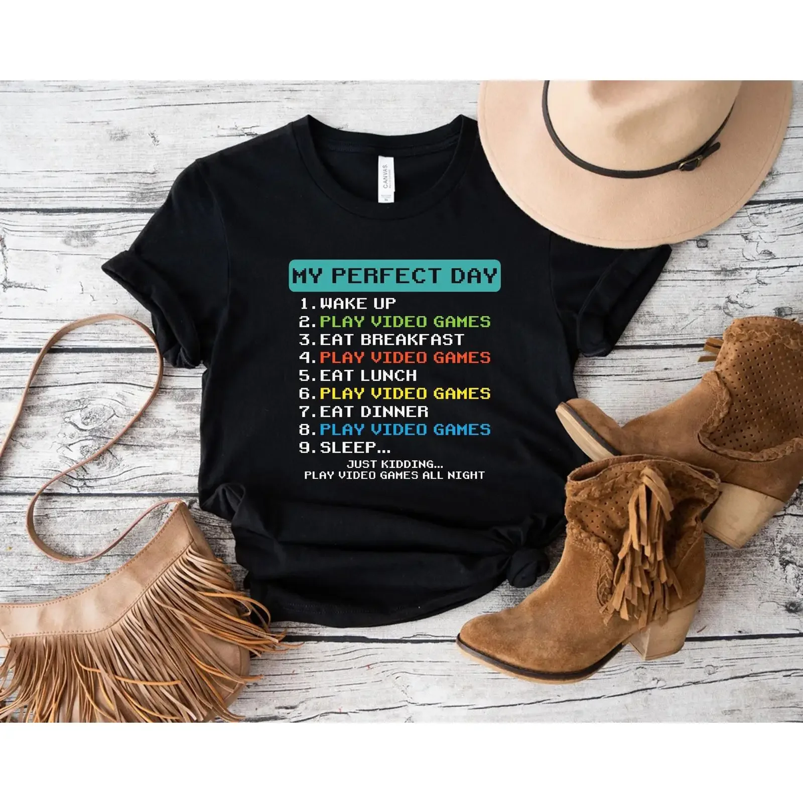 My Perfect Day Funny Gamer T Shirt Video Game Lover for Shirtn Boys Men Casual Gaming Birthday  vintage Washed