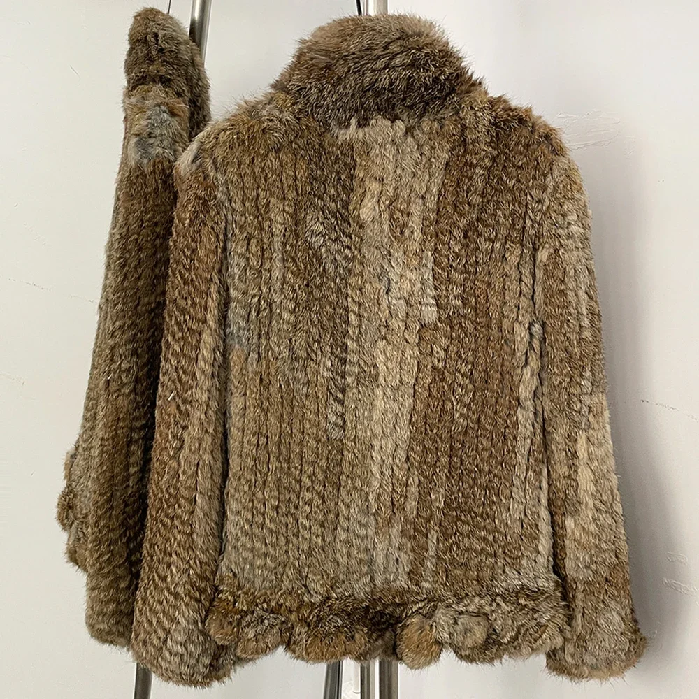 OFTBUY Weiche, leise, luxuriöse neue Winteroberbekleidung für Damen, handgestrickte Echt-Kaninchenfelljacke, gerüschter V-Ausschnitt, kurzer Pelzmantel für Damen – Detail 12