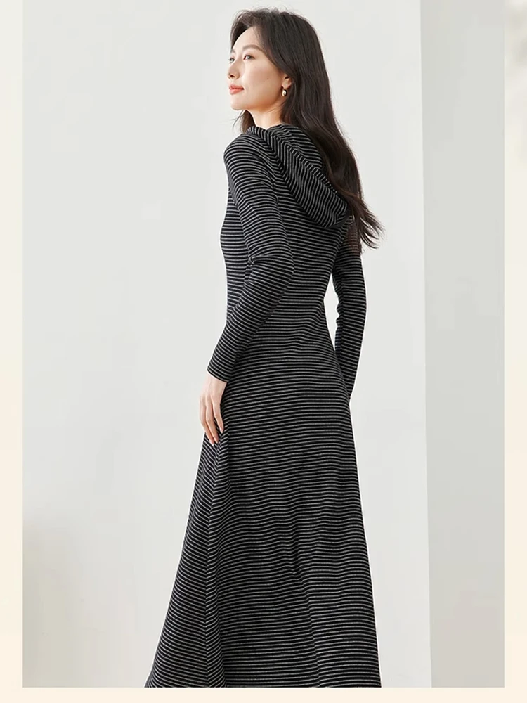 Vimly Women Cotton Hooded Midi Dress 2024 Spring Casual Black White Striped Pullover Long Sleeve A-line Dresses Clothing M5890