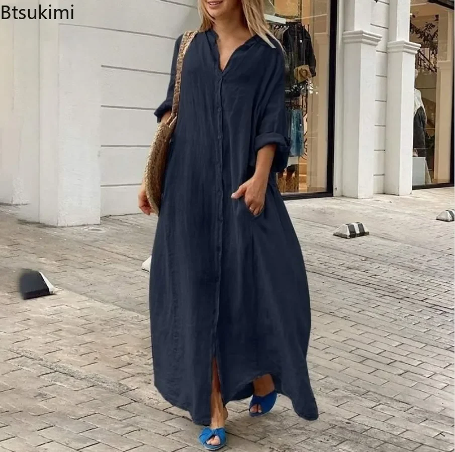 2025 Women's Casual Cotton Linen Long Dress Solid Long Sleeve Oversize Shirt Dresses Female Fashion Loose Ladies' Clothing Dress