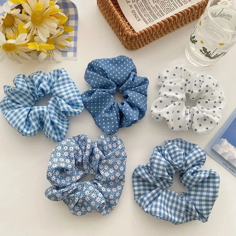 1PC Sunny Fresh Mojito Blue Scrunchies Floral Plaid Polka Dots White Hair Ties College Young Girls Hair Accessories
