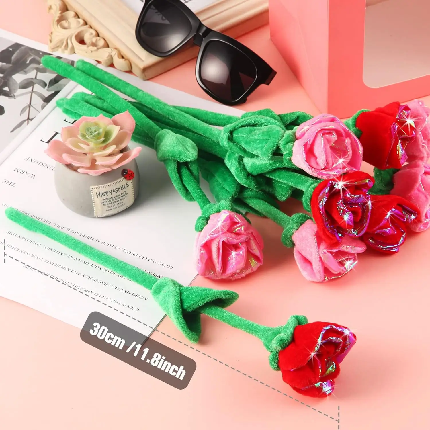 10-30Pcs Plush Rose Flower Stuffed Rose Flower Bendable Stems Plush Bouquet Toy Soft Rose Flower 12.6 Inch for Girl Girlfriend