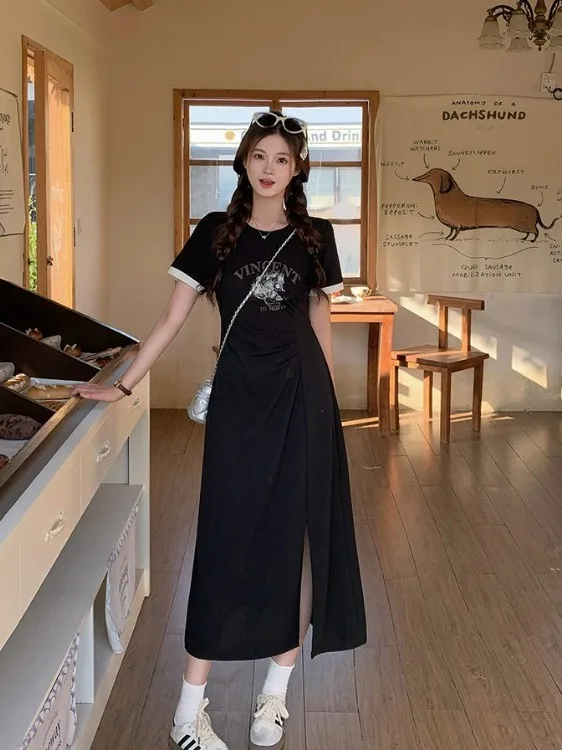 

plus Size Women's Lazy Sle Printed ort Sve T-irt Summer New Waist Cinching Slit Long Dr Korean Version Slim Fit