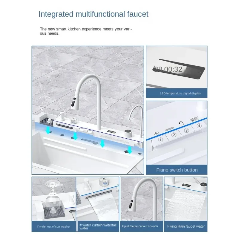 White flying rain waterfall sink integrated multi-functional large single slot 304 stainless steel vegetable washing sink