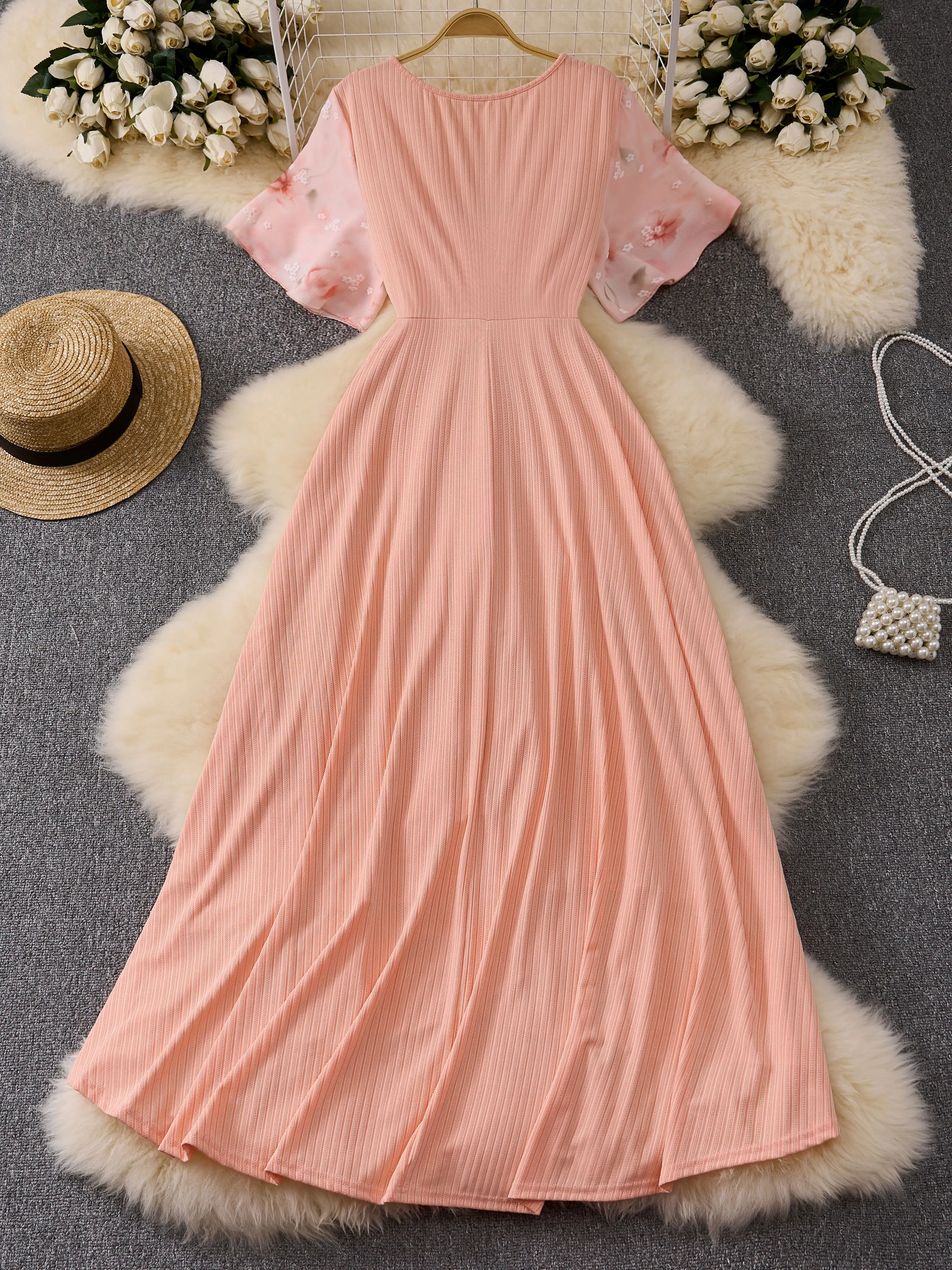 Large-Sized Spring Autumn New Flower-Printed Ruffled Pleated Twisted Hem High Low Dress Women's Casual Maxi Dress