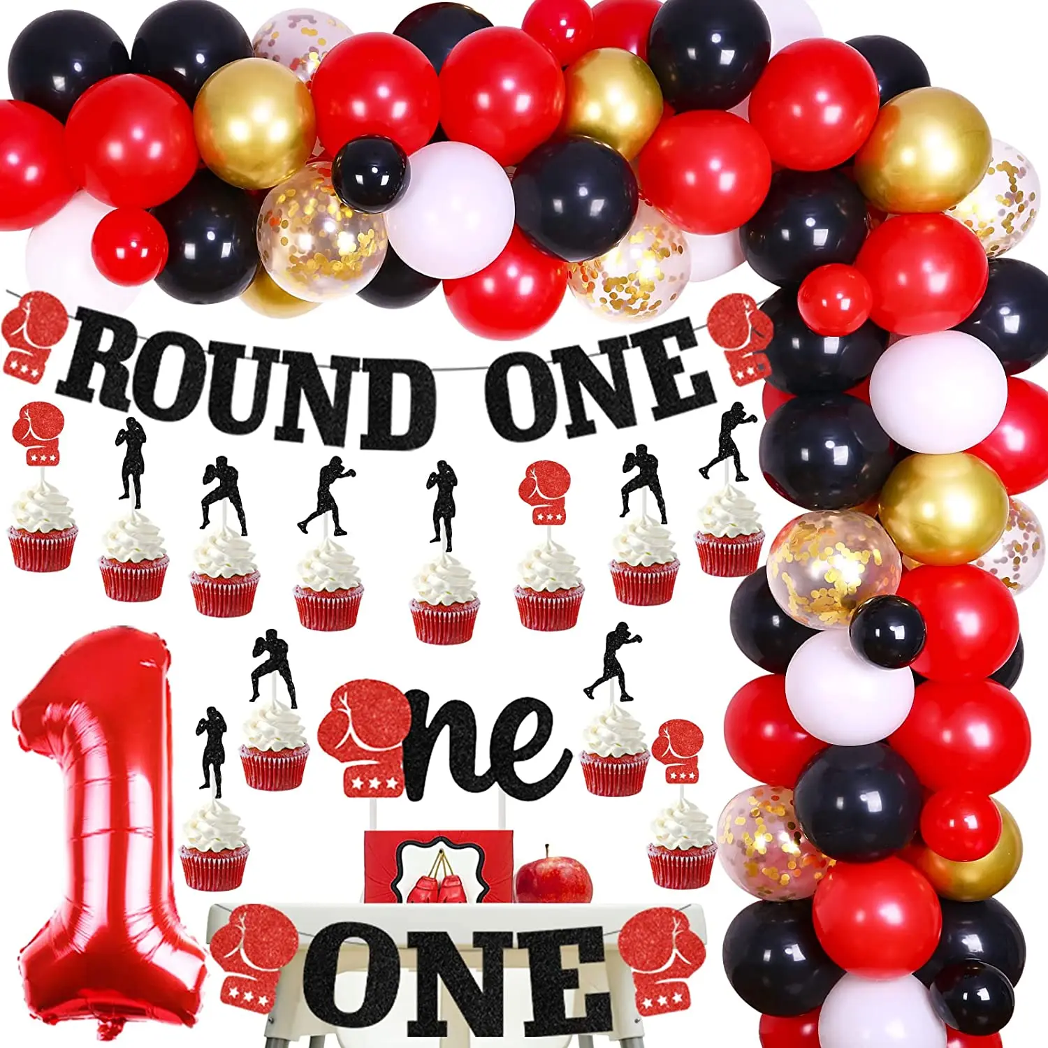 

Sursurprise-Boxing Match 1st Birthday Party Decorations for Boys with Round One Banner, Boxing Gloves, Cake Toppers, Balloons Ki