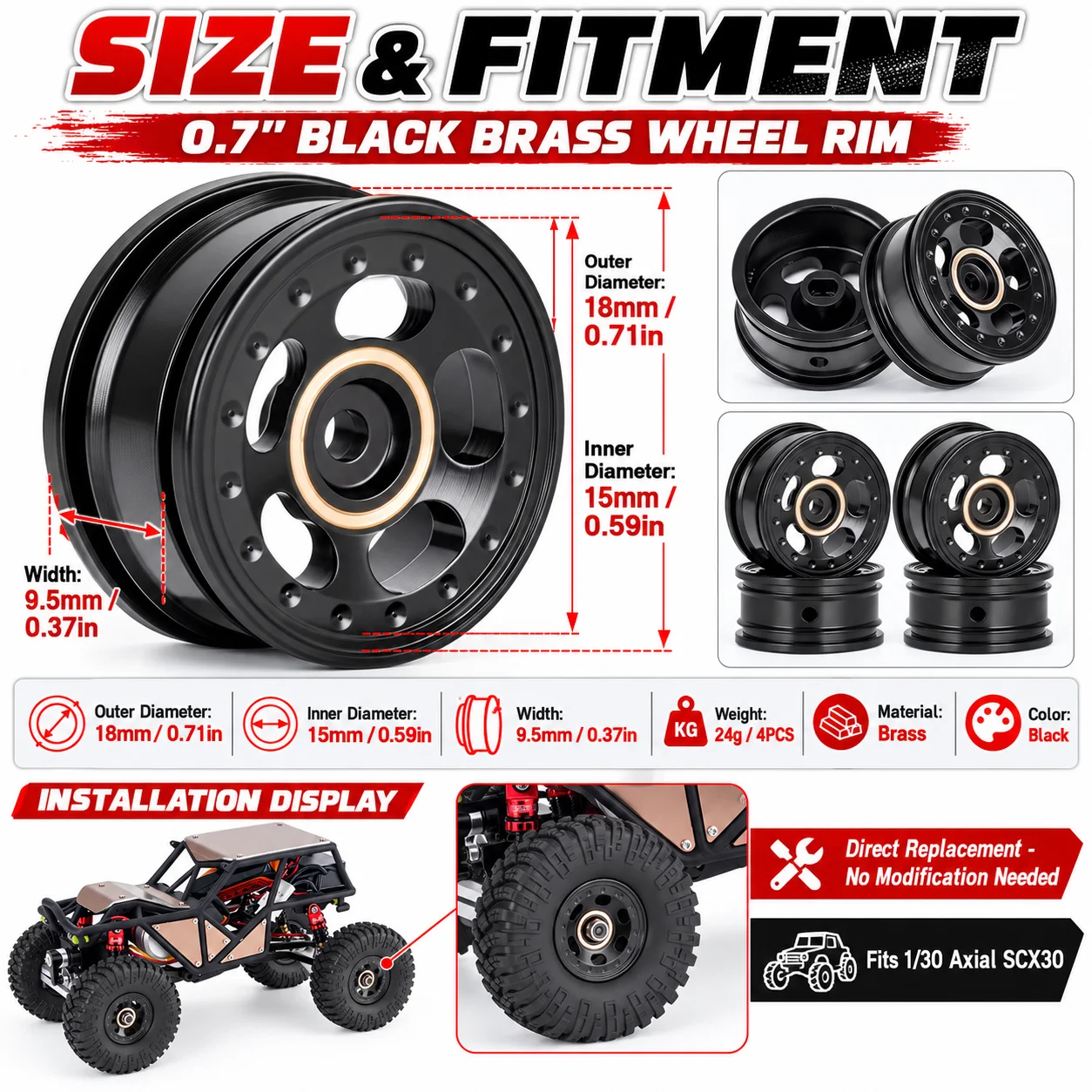 0.7Inch Black Brass Beadlock Wheel Rims Hubs 18*9.5mm for 1/30 RC Crawler Car SCX30 Jeep Wrangler JLU Ford Bronco Upgrade Parts
