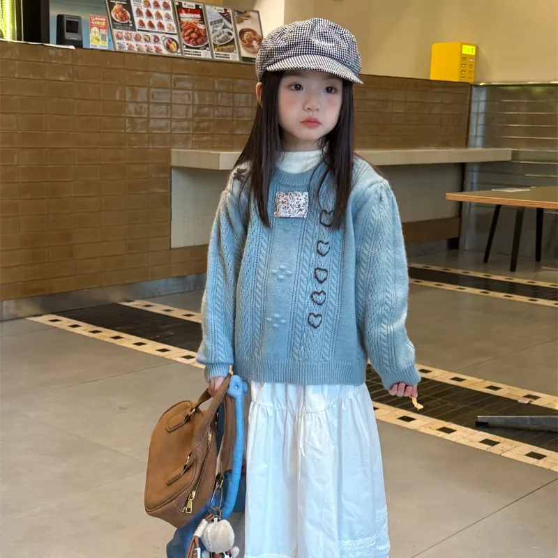 

Children's Clothing Girls' Sweater 2025 Autumn New Korean Version Love Hooded Sweater Children's Knitted Top Trend