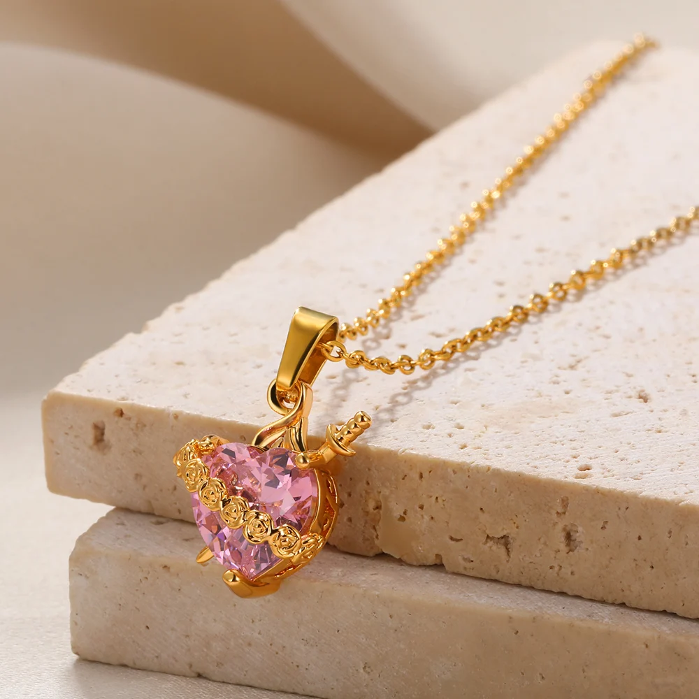 Pink Heart Zircon Necklace  Gold Color Copper Cupid Eros Arrow Heart Pendant Necklace Korean Fashion Jewelry Girls Party Gift