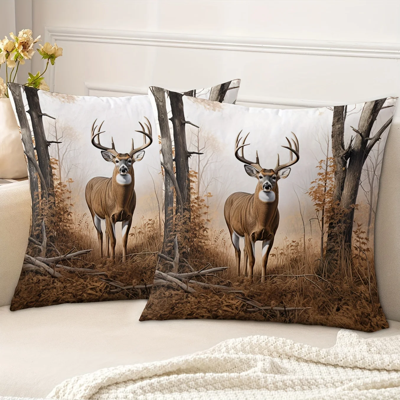 1pc 2D Flat (Pillow Not Included) Majestic White Tailed Deer Forest Cushion Cover Short Plush Wildlife Nature Decor Throw Pillow