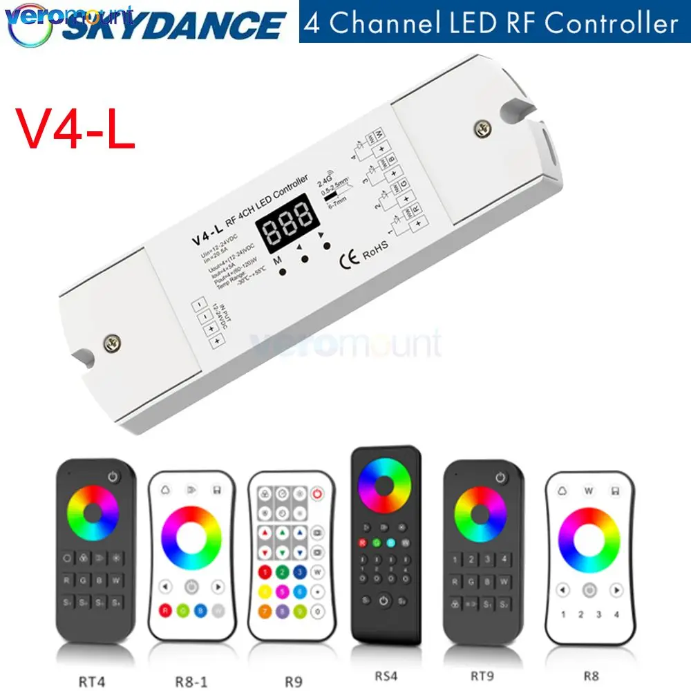 

Skydance DIM CCT RGB RGBW LED Strip Controller 2.4G RF Wireless Remote DC 12V 24V 5Ax4CH 4 Channel 20A Output Receiver V4-L