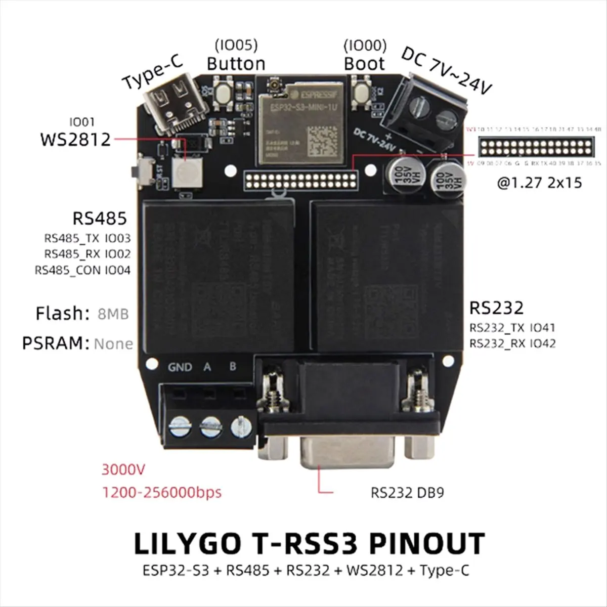 SWXF T-RSS3 ESP32-S3 مجلس التنمية RS232 RS485 5 فولت وحدة على متن WS2812 واي فاي Bluetooth5.0 أنواع C RSM232MT5V RSM485MT5V