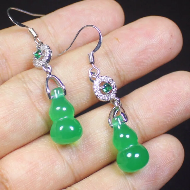 

New Jade Green High-end Earrings Imperial Green Chalcedony Water Drop Shape925Silver Earrings for Women