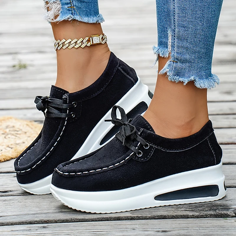 Basic Color Platform Loafers for Women 2026 Spring Light Thick Sole Wedge Sneakers Woman Plus Size Lace Up Non Slip Casual Shoes