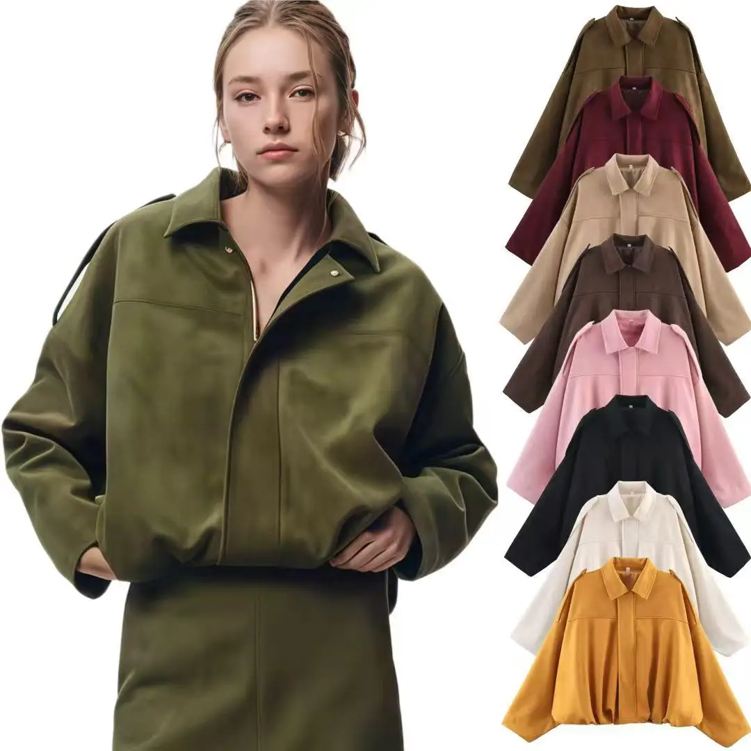 

Stylish Autumn Womne's Suede Jacket Drop Shoulder Long Sleeve Zipper Lady Bomber Coat Motorcycle Oversize Streetwear For Female
