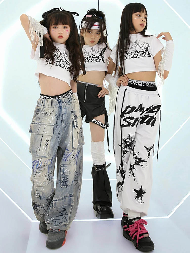 Traje de dança jazz kpop com borla branca para meninas, tops de hip hop, roupas infantis para performances, moda, bl12682, 2024