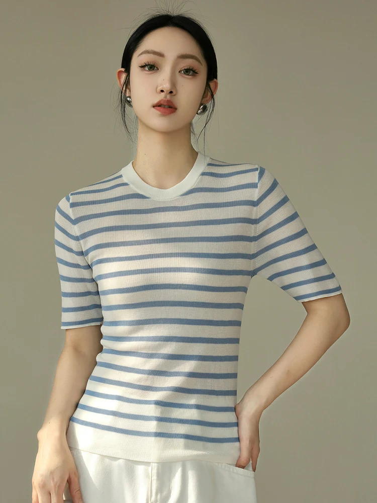 

Женский топ Mulan 2025: Новинка Весна-Лето, круглый вырез, полосатый трикотаж, короткий рукав, уличный стиль, приталенный крой, смесь волокон Raloxifene