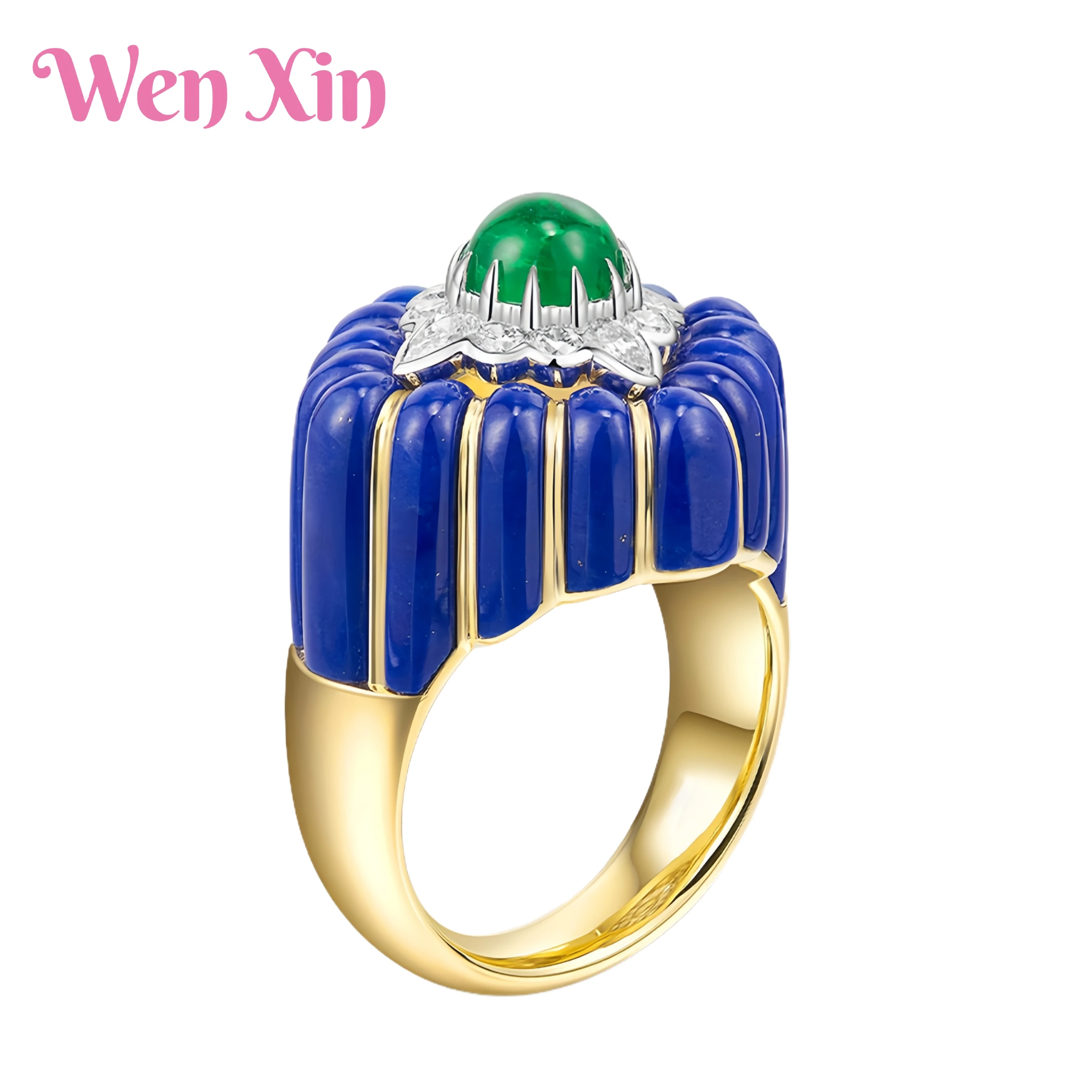 

WENXIN Brand MUSHAN MCT Retro Crown Design Synthetic Natural Emerald Open Ring Fashion Jewelry Accessories Women Fine Jewelry