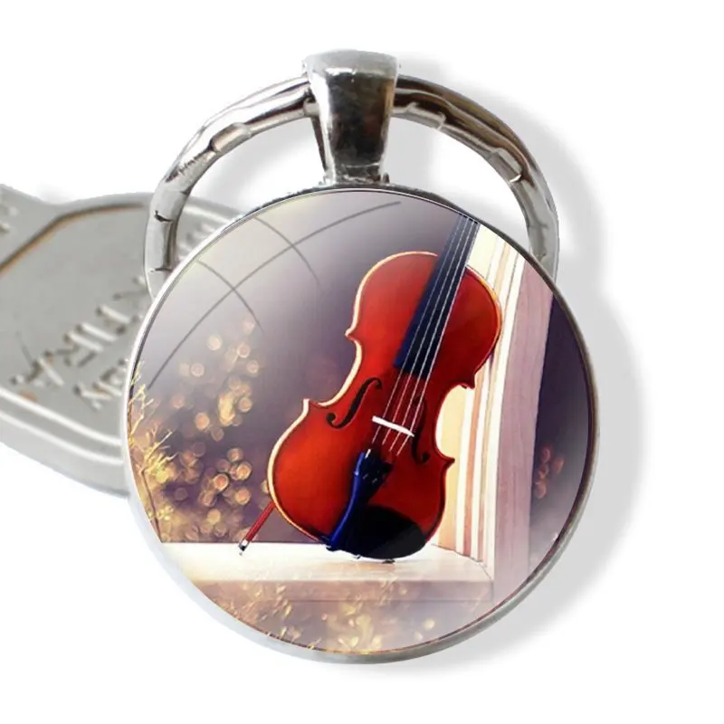 Music score Musical violin guitar 25mm Glass Cabohcon Keychain Key Rings for Women Men Jewelry Gift