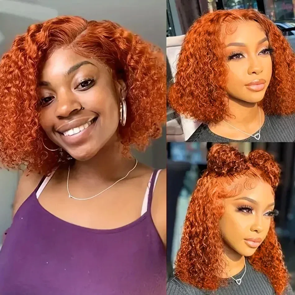 الزنجبيل البرتقالي موجة عميقة شعر مستعار الدانتيل قبل قطعها البرازيلي ريمي 13x6x1 T جزء شعر مستعار شعر بشري قصير عميق مجعد بوب شعر مستعار 350 اللون #2