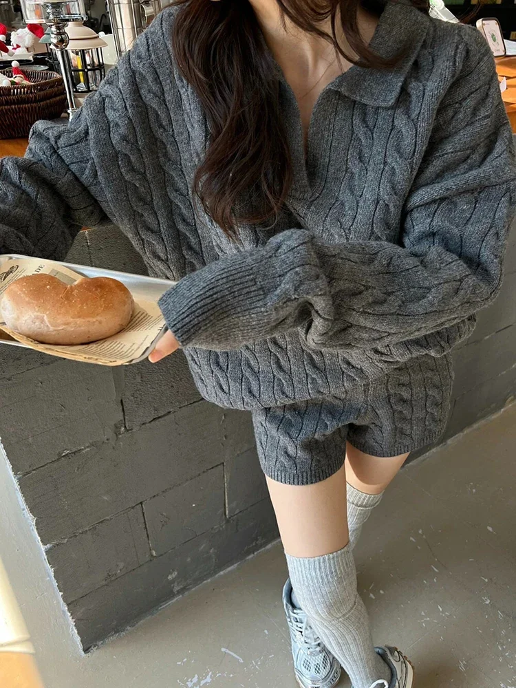 Knitted Casual Tow Piece Sets Strecth Warm Loose Sweater Tops Conjunto Soft Elasitc High Waist Baggy Short Pants Outfit Z145