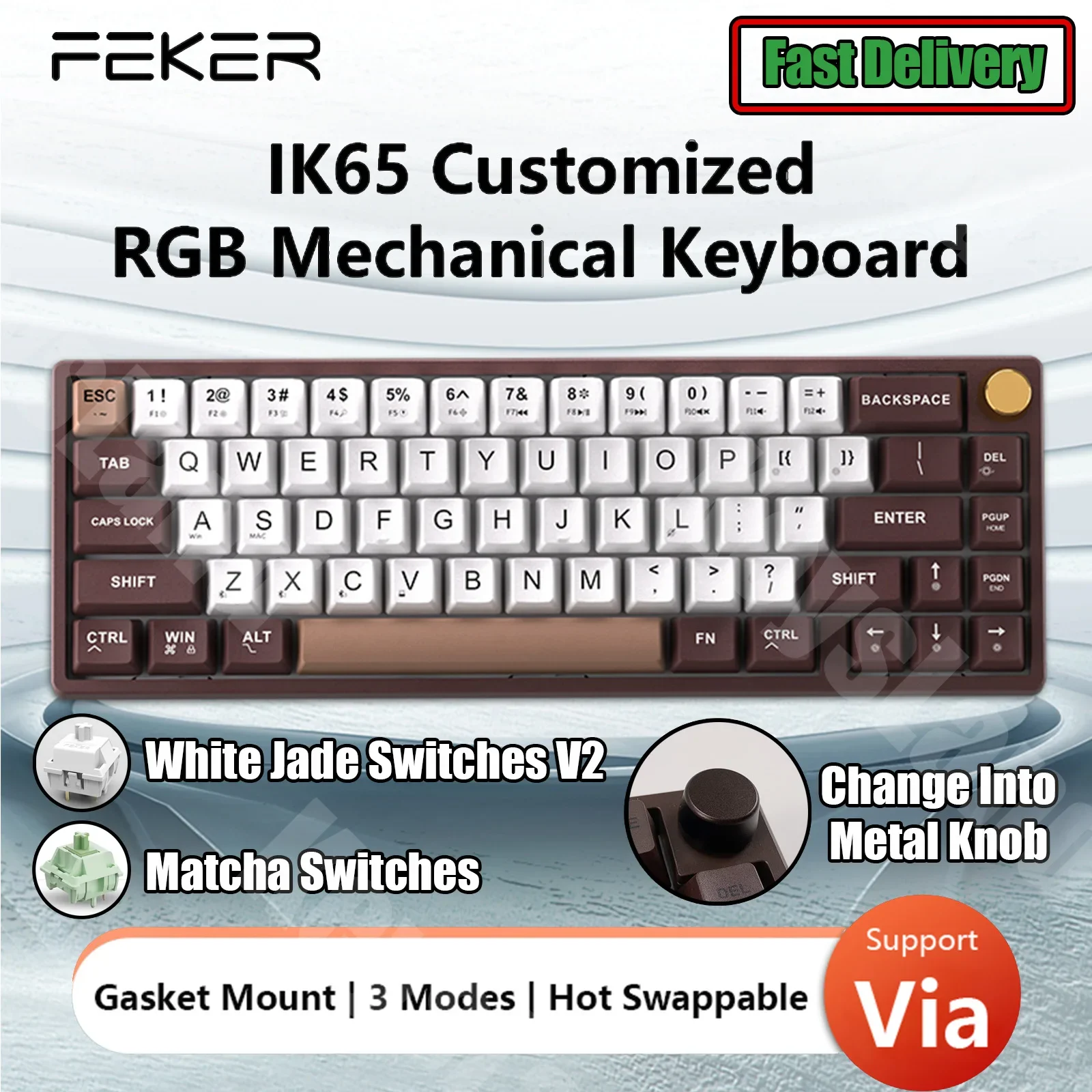 FEKER IK65 기계식 키보드, RGB 3 가지 모드 무선 지지대, 65% 4000mah PBT 키캡, 블루투스 2.4G 개스킷 노브 페이커 ik65