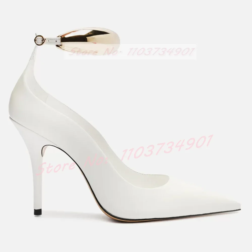 Gold Ring Ankle Strap Pumps Women Trendy Pointy Toe Patent Leather Thin Heels Shoes Ladies Sexy Party Novelty Big Size Pumps view 2