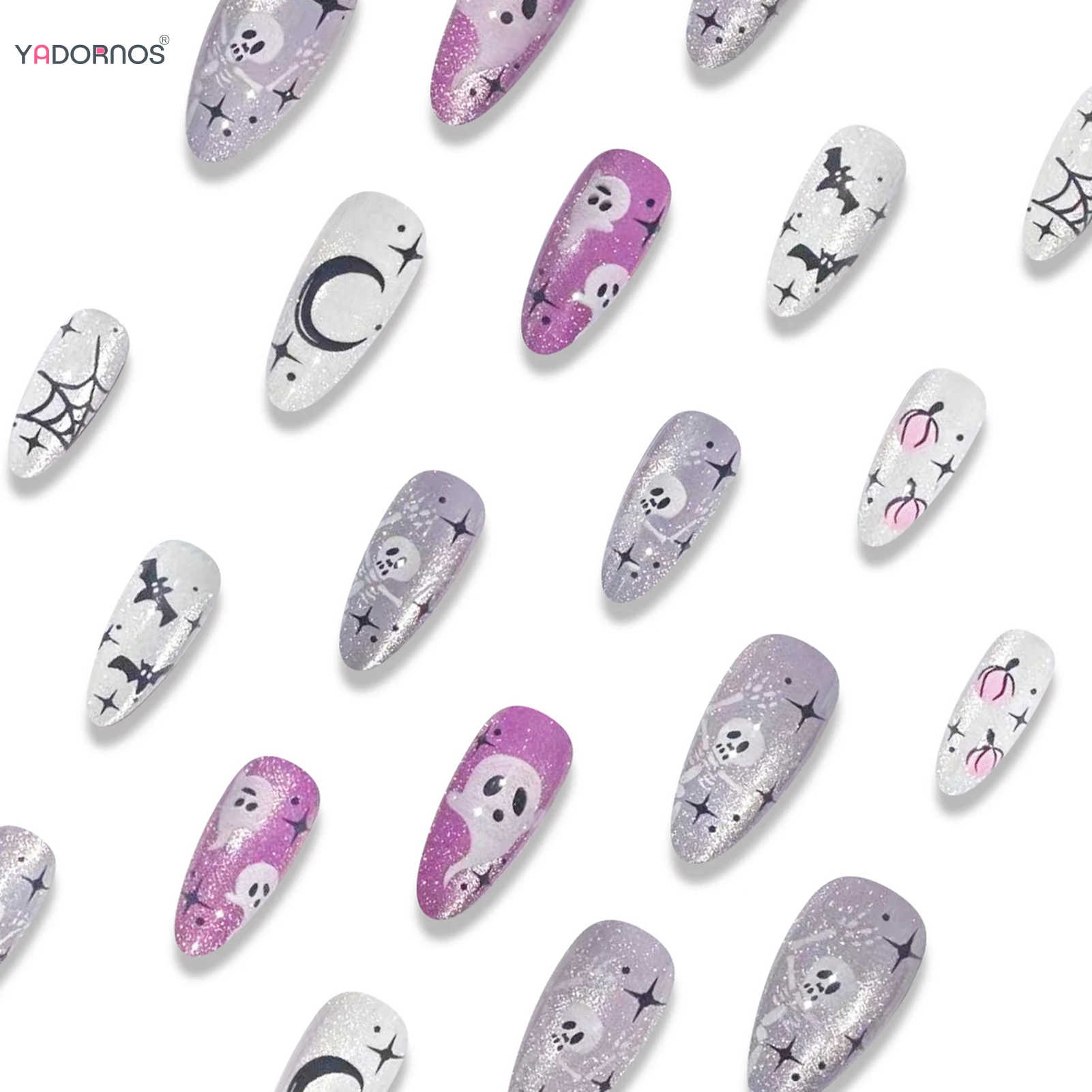 24 шт. Аврора фиолетовые накладные ногти Хэллоуин тема флэш кошачий глаз Накладные ногти Типсы искусственные ногти многоразовые рисунки рисунков
