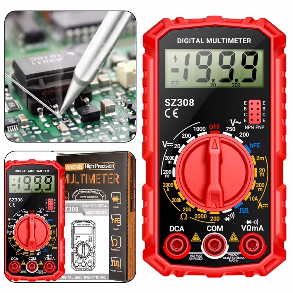 SZ308 Digital Multimeter Voltage Resistance Meter AC/DC Current Meter Electrician LCD Backlight Ohm Square Wave Test 1999 Count