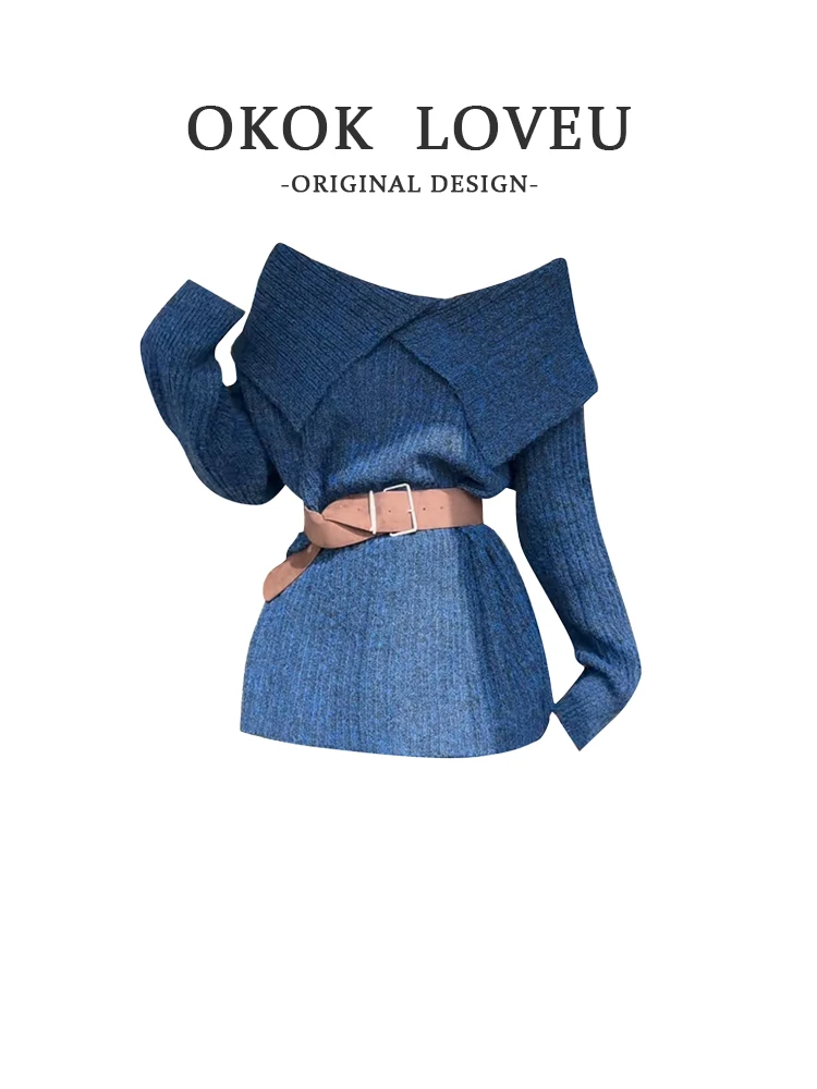 

Ladies Faionable oulder Bared Knitwear Deep Blue Lazy Sle Autumn Winter High Faion Sensation Long Sve One oulder...