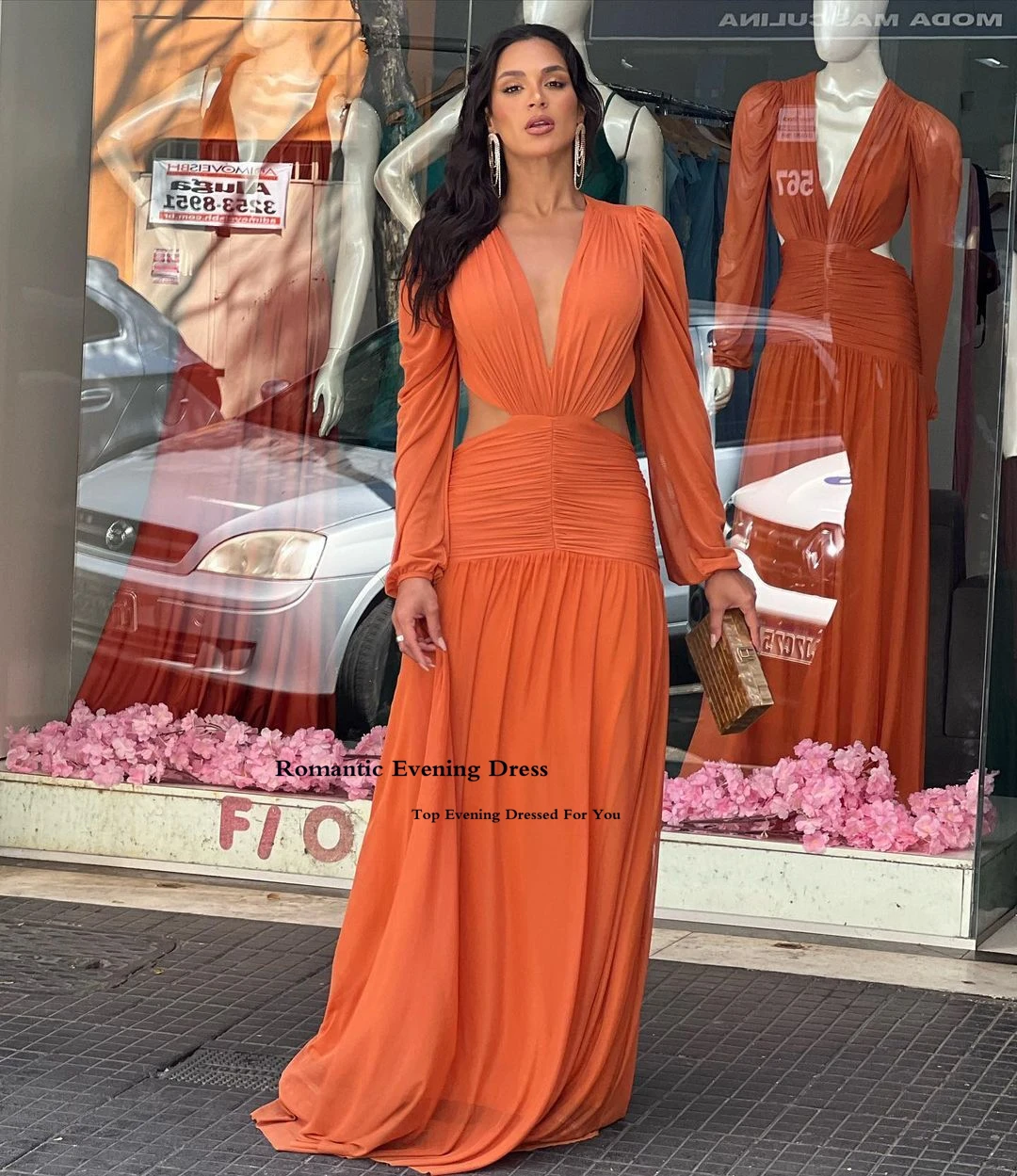 Romantic Simple Cutout Orange Chiffon Prom Dresses Elegant V-neck Backless Long Prom Gowns Formal Party Long Sleeves Women 2022