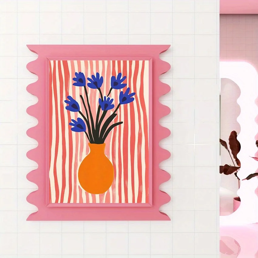 2D Flat, 1pc Unframed 12x16 Inch Canvas Wall Art - Vibrant Pink Vase with Blue Flowers & Orange Stripes, Minimalist Danish Pa