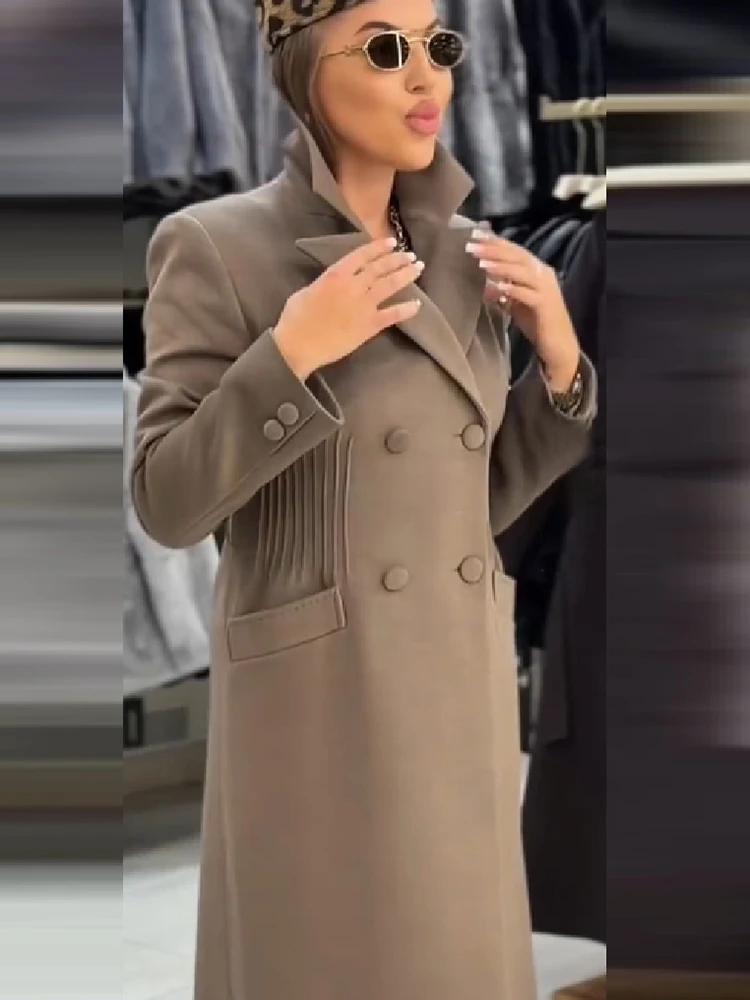 Women's Elegant Long Wool Blend Coat Notched Lapel Double Breasted Waist Pleated Slim Fit Maxi Overcoat Pockets Formal Outerwear