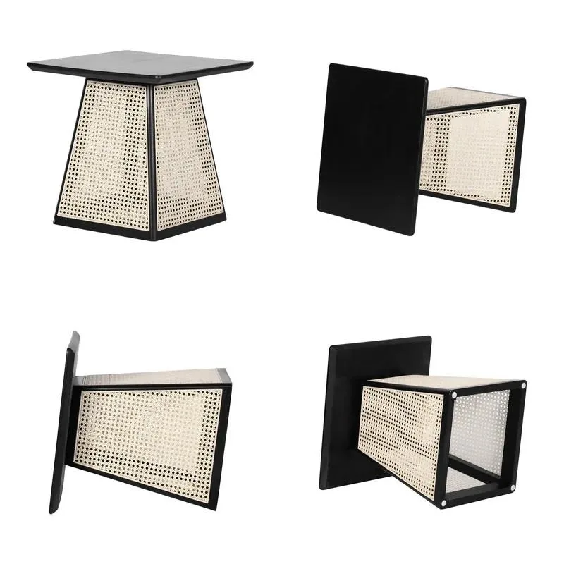 Modern Coastal Rattan Coffee Table Trapezoidal Decorative Side Table Black Finish for Restaurant Hotel Lounge Living Room