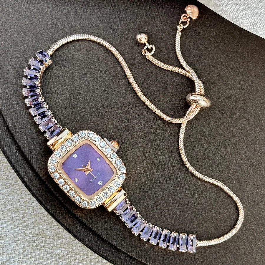 women's inlaid zircon flexible pull out bracelet with diamond square alloy case rhinestone scale simple dial quartz watch