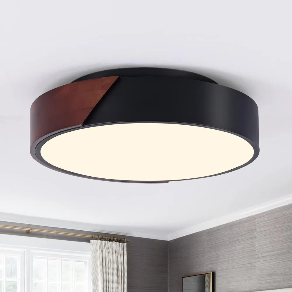 

Modern Black Ceiling Light Fixture, Minimalist 2-Light Flush Mount Ceiling Light, Round Wood Ceiling Lamp (12.5 Inches)