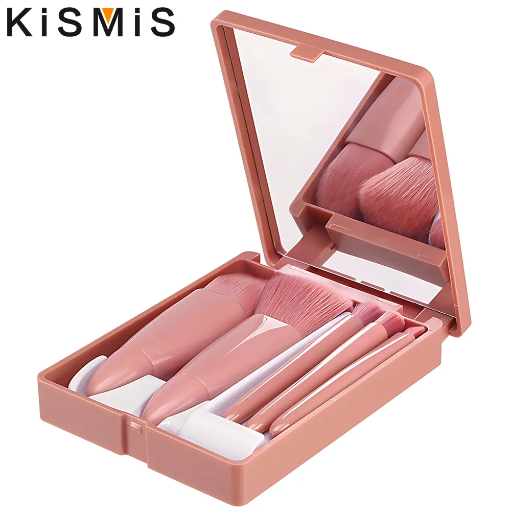 Kismis 5 Pcs Mini Reis Make-Up Borstel Set Met Spiegel Voor Oogschaduw, Foundation, Poeder, Wimper, Lip & Concealer