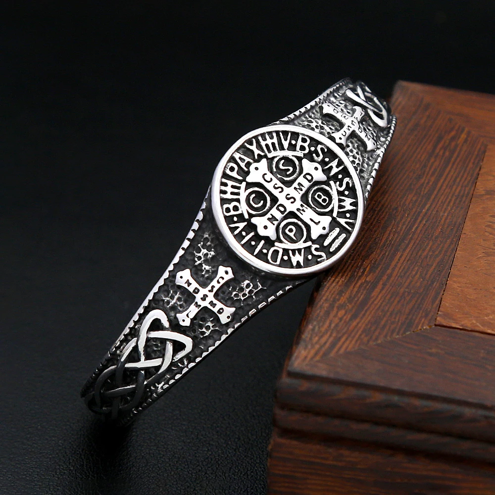 New 316L Stainless Steel Saint Benedict CSPB Medal Bracelets For Men Women Religion Cross Biker Chain Fashion Open Jewelry Gifts