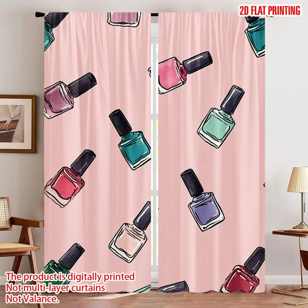 Cute Nail Polish Pattern Curtains, Pink Manicure Print Drapes, Girly Bedroom Beauty Salon Window Treatment Decor