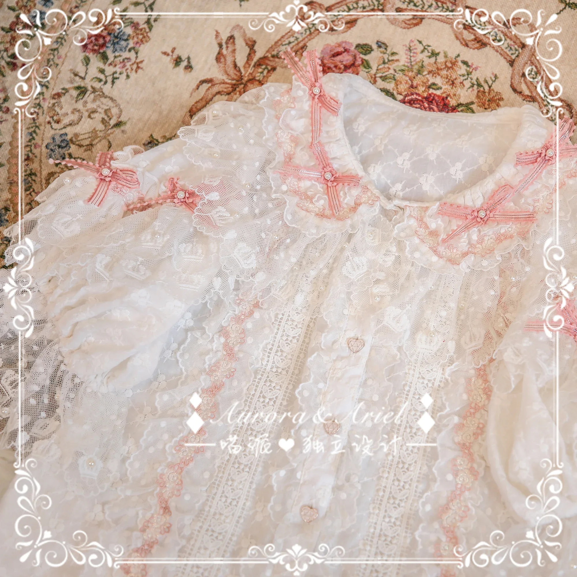 Lolita Jirai Kei Bubble Pearls Cotton Embroidered Shirts for Women 2024 Fall New Kawaii Long Sleeve Lace Beads Bow Blouse Woman