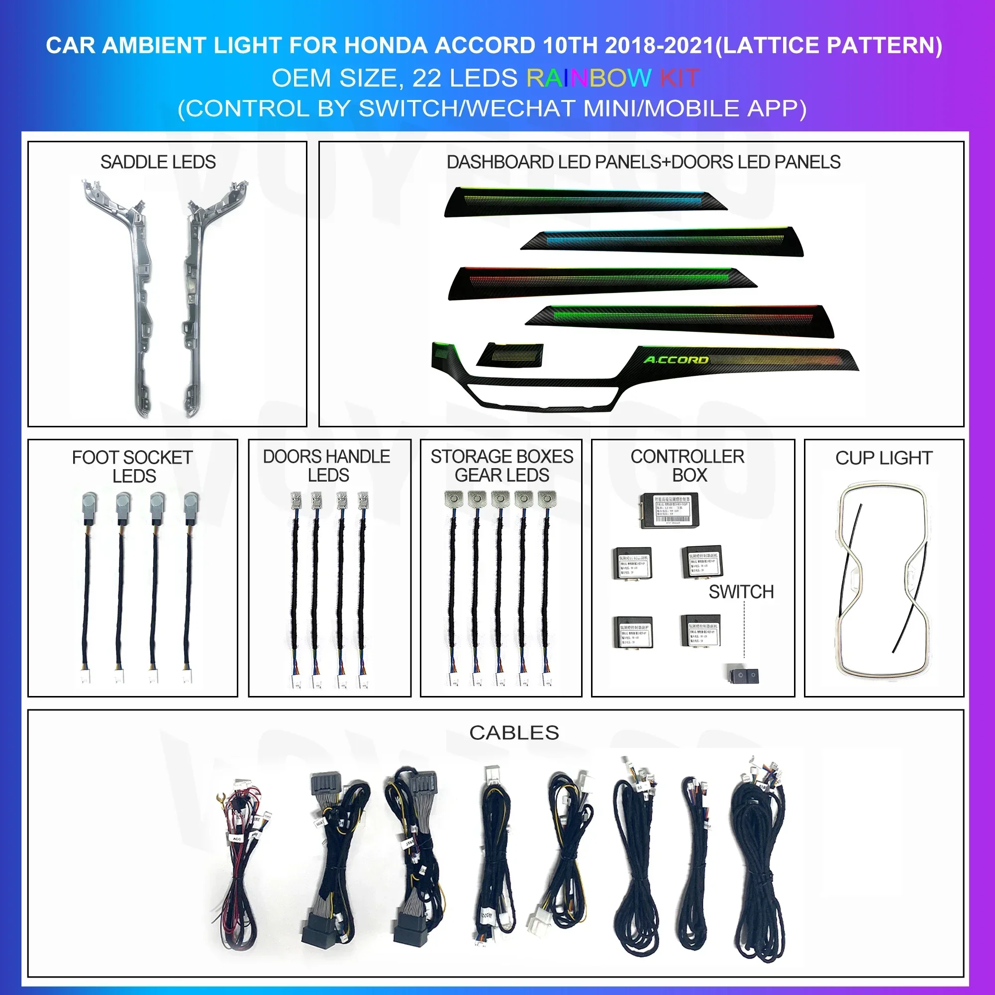 YZG Car Colorful Led Car Ambient Atmosphere Lights Car Interior Light for Honda Accord Dot Matrix Style2018-2021