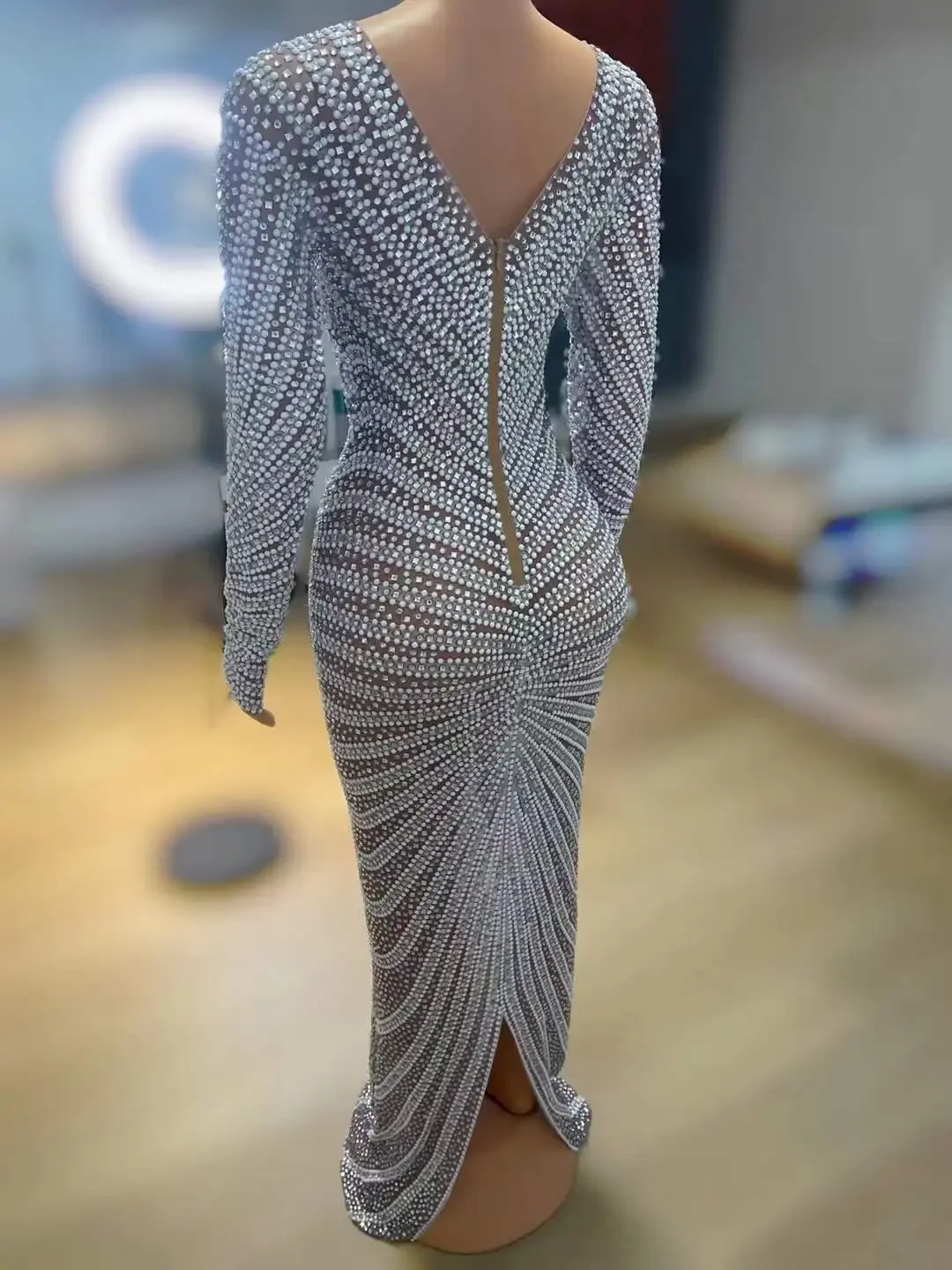 Long Sleeve Maxi Dress Women Rhinestone Sparkly Stage Wear Drag Queen Outfit Costumes Celebrate Nightclub Stretch Show Dresses