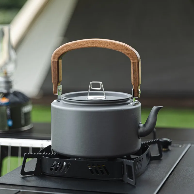 1.2L Lightweight Aluminum Alloy Camping Kettle with Wooden Handle Black And Gray Portable Outdoor Cooking Pot