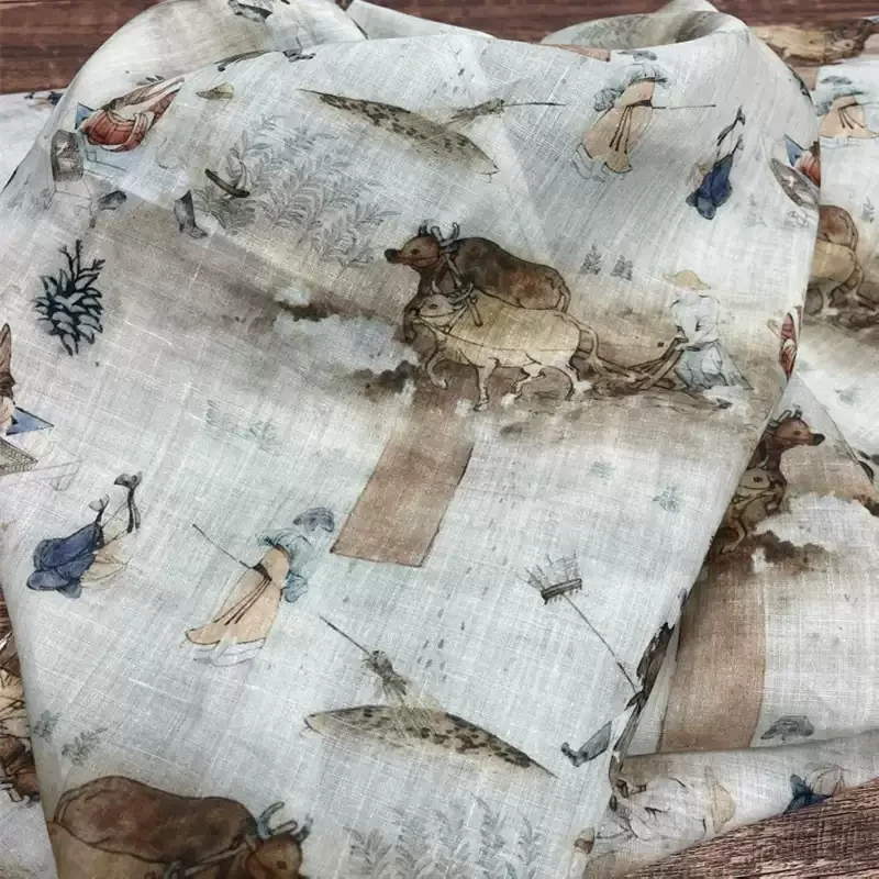 

White pure ramie printed fabric, used for making high-end summer clothing sewing fabrics.