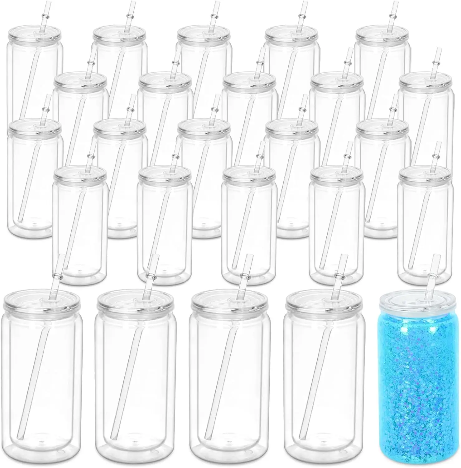 

16 Oz Acrylic Snowglobe Tumbler, 25 Pack Pre-Drilled Double Wall Plastic Clear Cup for Glitter Snow Globe Diy